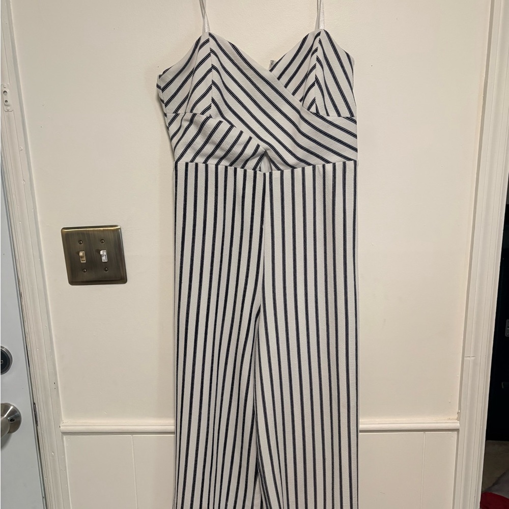 Striped White & Black Wide-Leg Spaghetti-Strap Jumpsuit